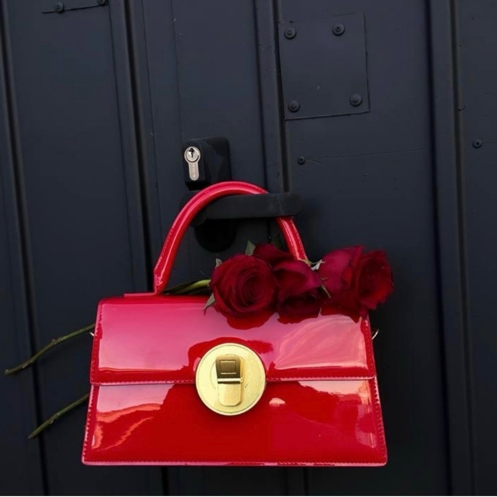Elegant Red Patent Leather Handbag / Crossbody with Gold Accent - Made in Italy
